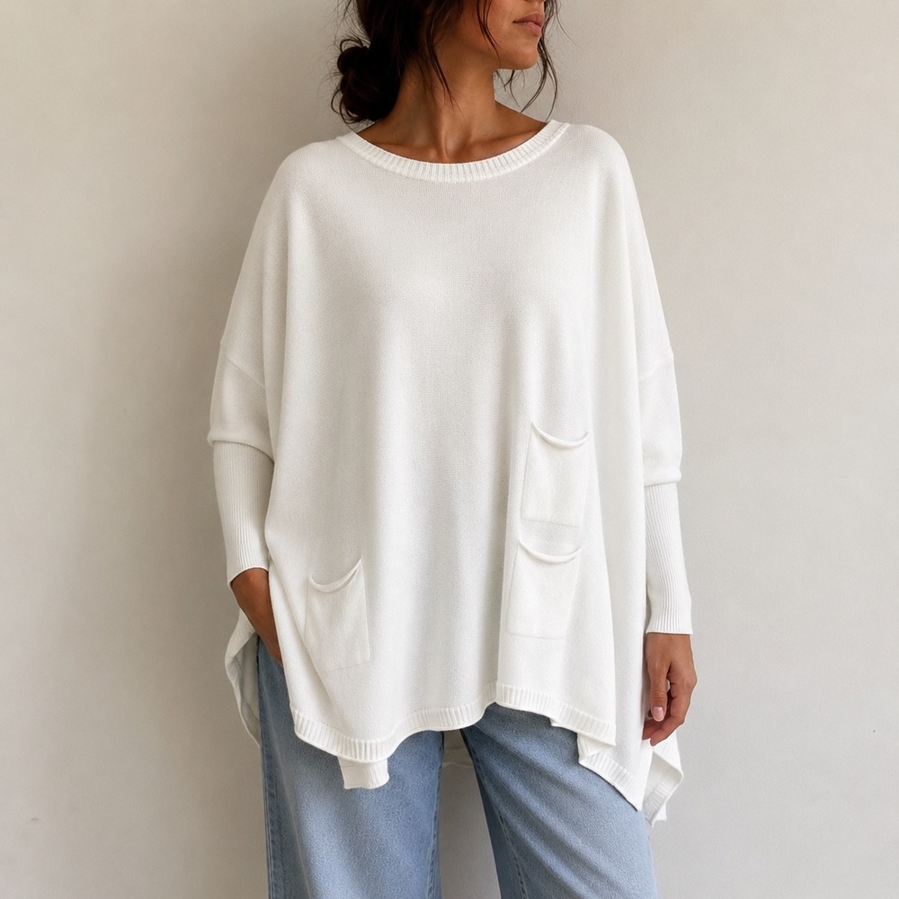 Mer Sea White Sweater Oversized Pocket Knit Top OS Coastal Minimalist